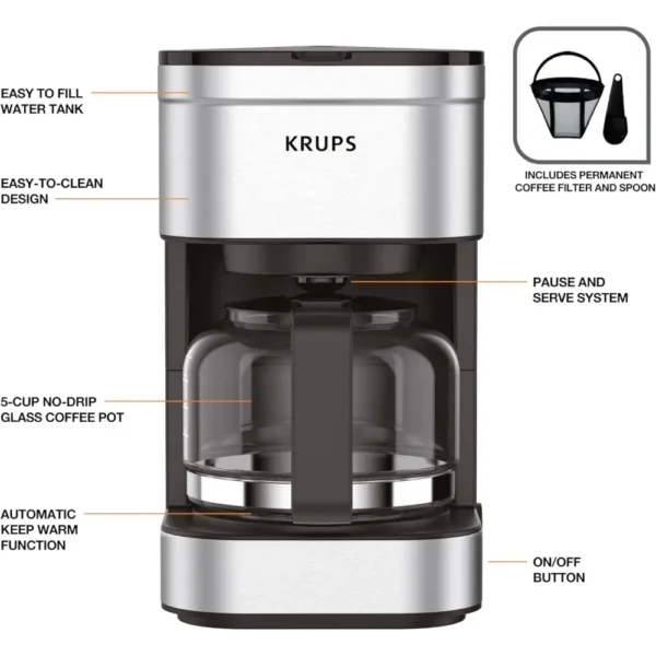 Simply Brew Compact 5 Cup Coffee Maker: Stainless Steel Design, Pause & Brew, Keep Warm, Reusable Filter, Drip-Free Carafe – Image 6