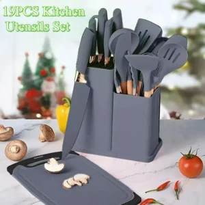 19PCS Heat - Resistant Silicone Kitchen Utensils Set Non - Stick Tools & Knives in Bamboo Kitchen Gadgets Cooking Utensils Set