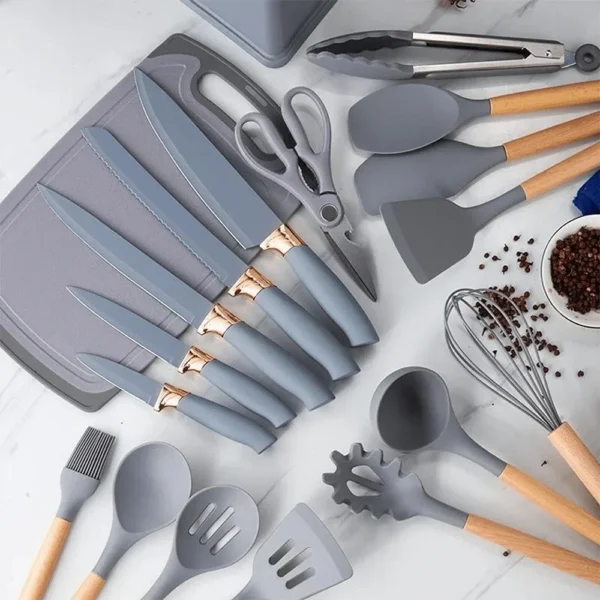 19PCS Heat - Resistant Silicone Kitchen Utensils Set Non - Stick Tools & Knives in Bamboo Kitchen Gadgets Cooking Utensils Set – Image 3