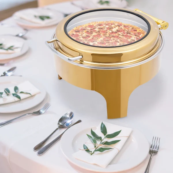 Plat à réchaud de 6L pour buffet – Chauffe-plat rond pour réception et traiteur avec couvercle en verre et poignée, support trépied, porte-combustible, réchaud à alcool.