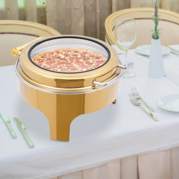 Plat à réchaud de 6L pour buffet – Chauffe-plat rond pour réception et traiteur avec couvercle en verre et poignée, support trépied, porte-combustible, réchaud à alcool. - Image 2