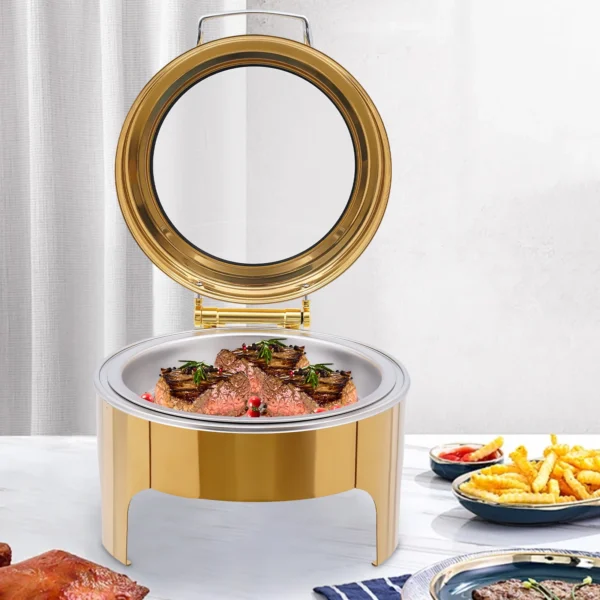 Plat à réchaud de 6L pour buffet – Chauffe-plat rond pour réception et traiteur avec couvercle en verre et poignée, support trépied, porte-combustible, réchaud à alcool. - Image 4