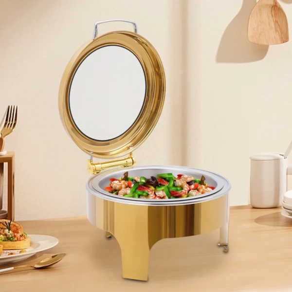 Plat à réchaud de 6L pour buffet – Chauffe-plat rond pour réception et traiteur avec couvercle en verre et poignée, support trépied, porte-combustible, réchaud à alcool. - Image 5