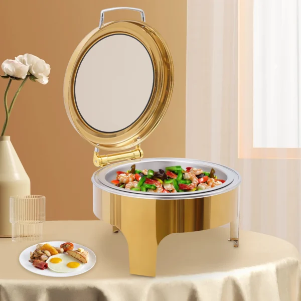 Plat à réchaud de 6L pour buffet – Chauffe-plat rond pour réception et traiteur avec couvercle en verre et poignée, support trépied, porte-combustible, réchaud à alcool. - Image 6